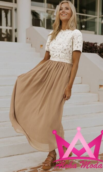 Vestido largo encaje beige