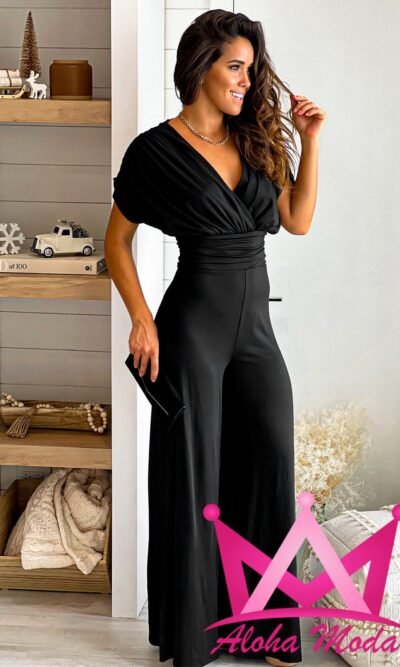 Palazzo negro cuello en V mangas Dolman