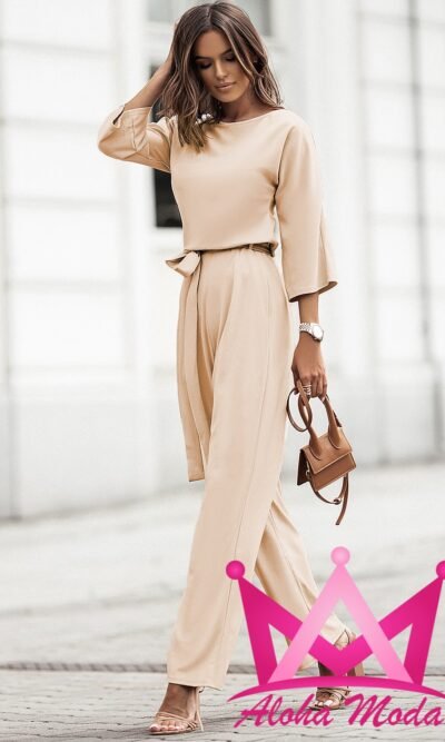 Palazzo pierna ancha con lazo en cintura Beige