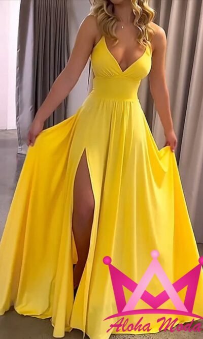 Vestido amarillo de noche con vuelo