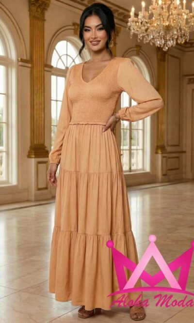 Vestido largo con volantes Beige