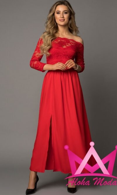 Vestido largo rojo encaje manga larga