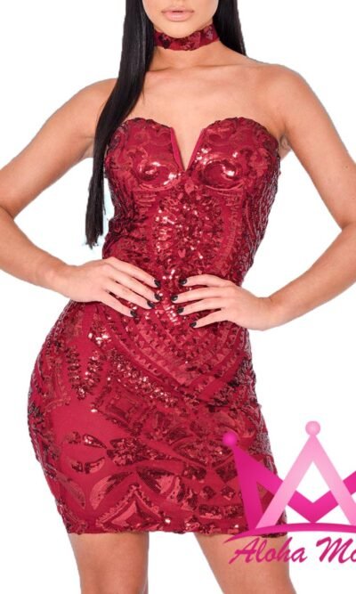 Vestido rojo brillante de lentejuela con gargantilla