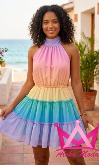 Vestido corto multicolor cuello halter