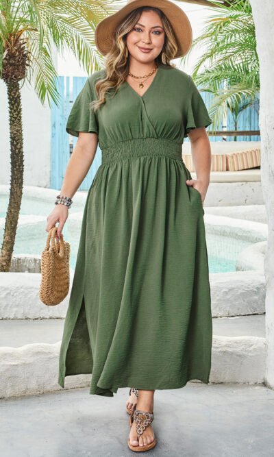 Vestido manga corta cuello en V verde olivo