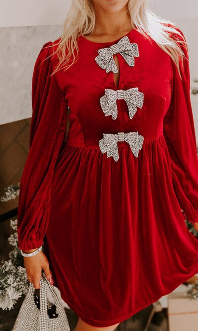 Minivestido de terciopelo con cintura alta y decoración de lazo rojo intenso