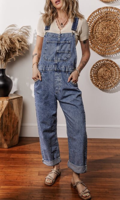Sail Blue Denim Bib Straight Leg Jumpsuit with Pockets