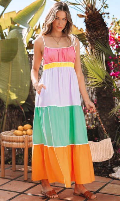 Vestido largo de cintura alta con bolsillos, tirantes anudados y bloques de color multicolor
