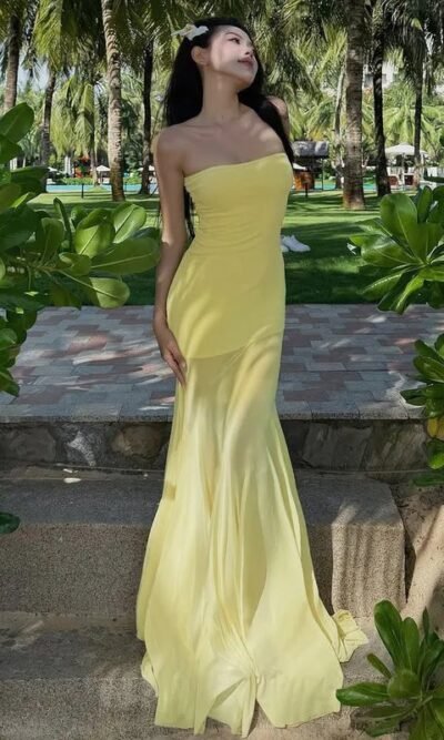 Vestido Largo Amarillo Strapless