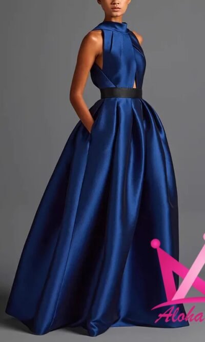 Vestido Elegante Maxi Azul Satinado