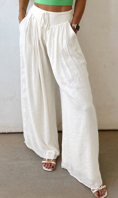Pantalon casual cintura baja plisados pierna ancha