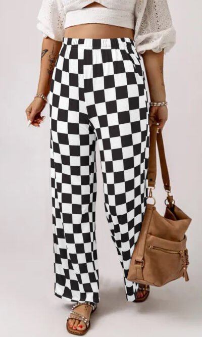 Pantalon de cintura alta estampado cuadros
