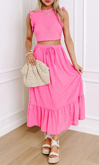 Conjunto de falda larga y top corto con ribete de volantes texturizado rosa
