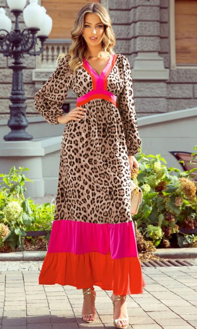 Vestido largo holgado con cuello en V y estampado de leopardo marrón
