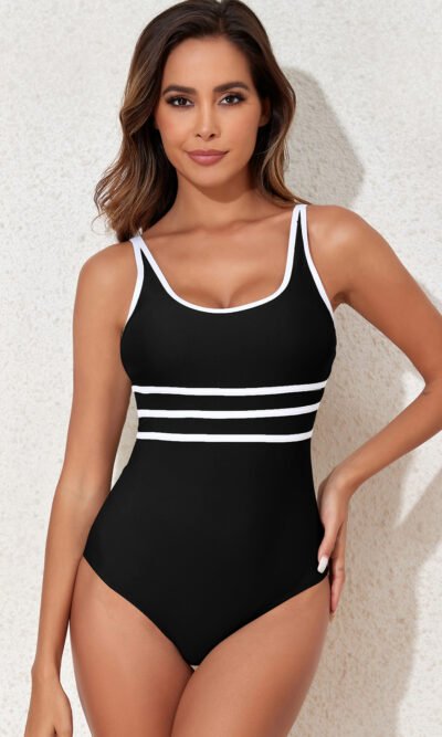 Traje de baño de una pieza con cuello en U color negro