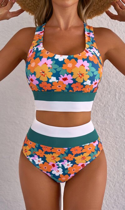 Bikini de 2 piezas con cintura alta, espalda cruzada y estampado floral