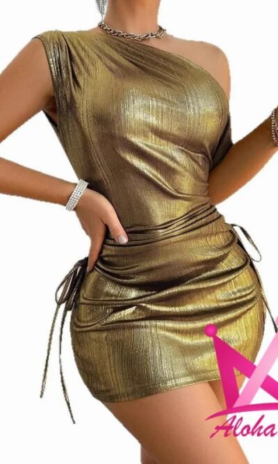Vestido Corto Metalizado de Un Hombro