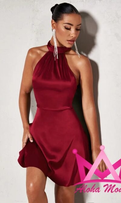 Vestido Mini Satinado Cuello Halter