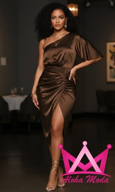 Vestido Satinado de Un Solo Hombro